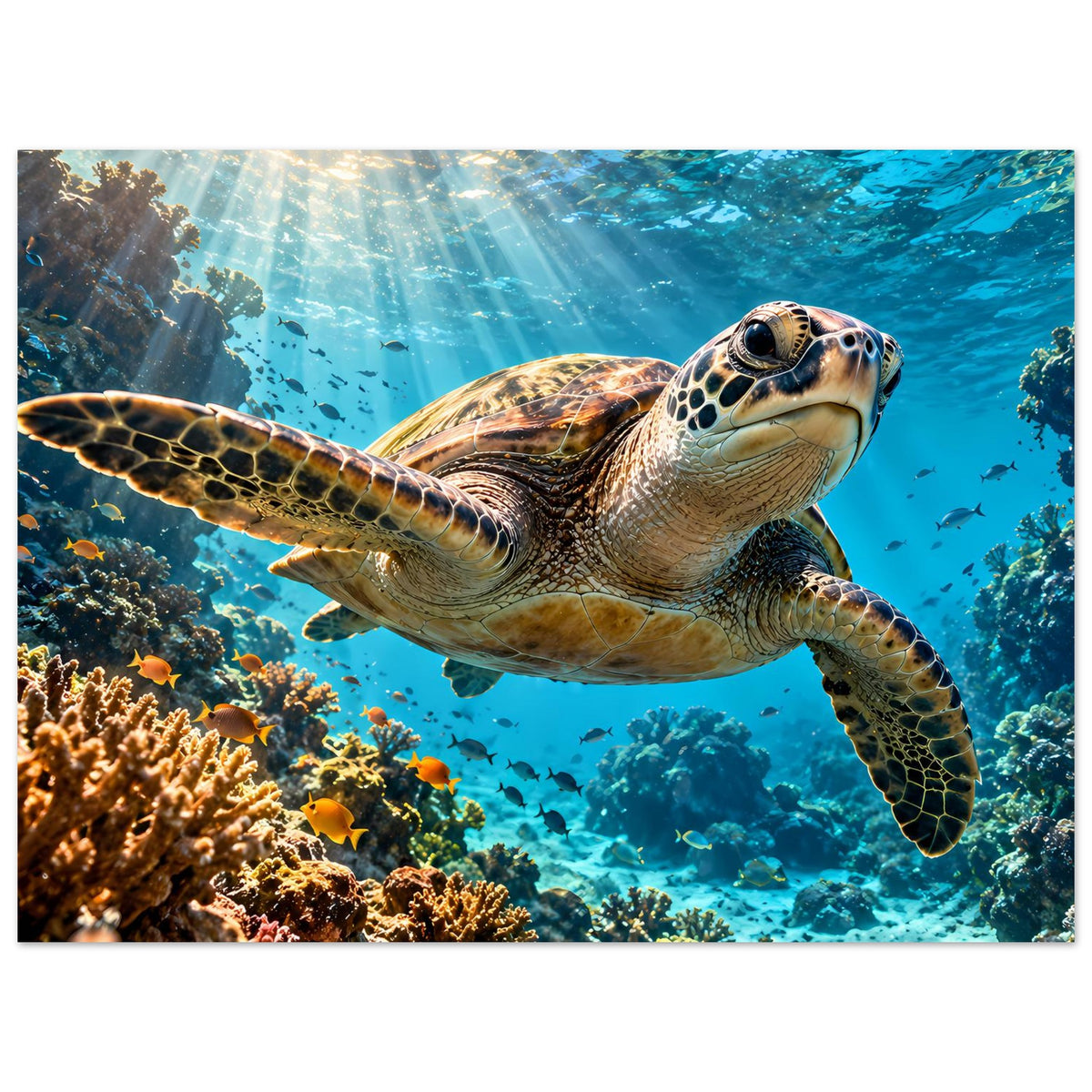Unterwasser-Schildkrötenposter: Nahansicht der Schildkröte, Korallen unten, blaues Wasser