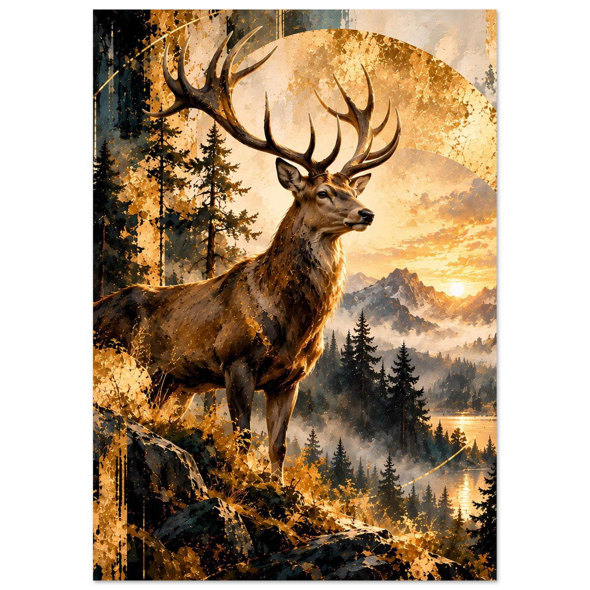 Vertikales Poster: Hirsch im Vordergrund, Waldlandschaft und goldenes Sonnenuntergangsmotiv