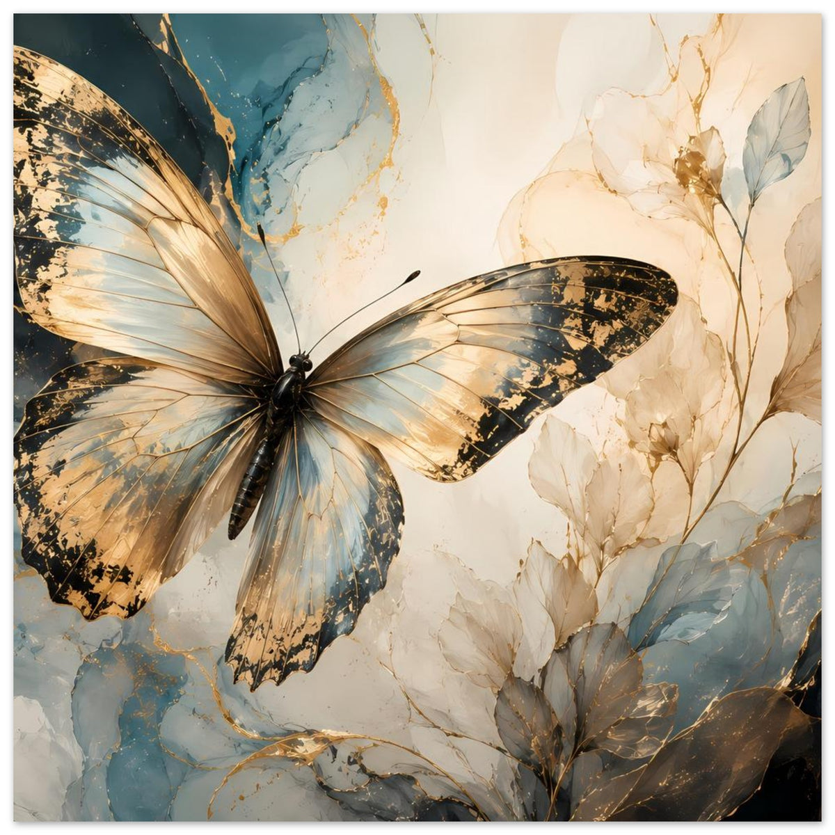 Schmetterlingskunst-Poster im Querformat mit goldblauem Schmetterling und cremefarbenen Blüten