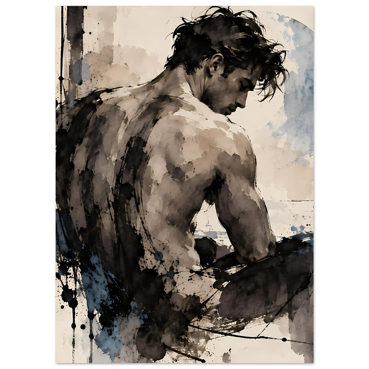 Expressionistische Aktstudie: Mannerrücken, dunkle Konturen und Spritzer in Sepia- und Blautönen