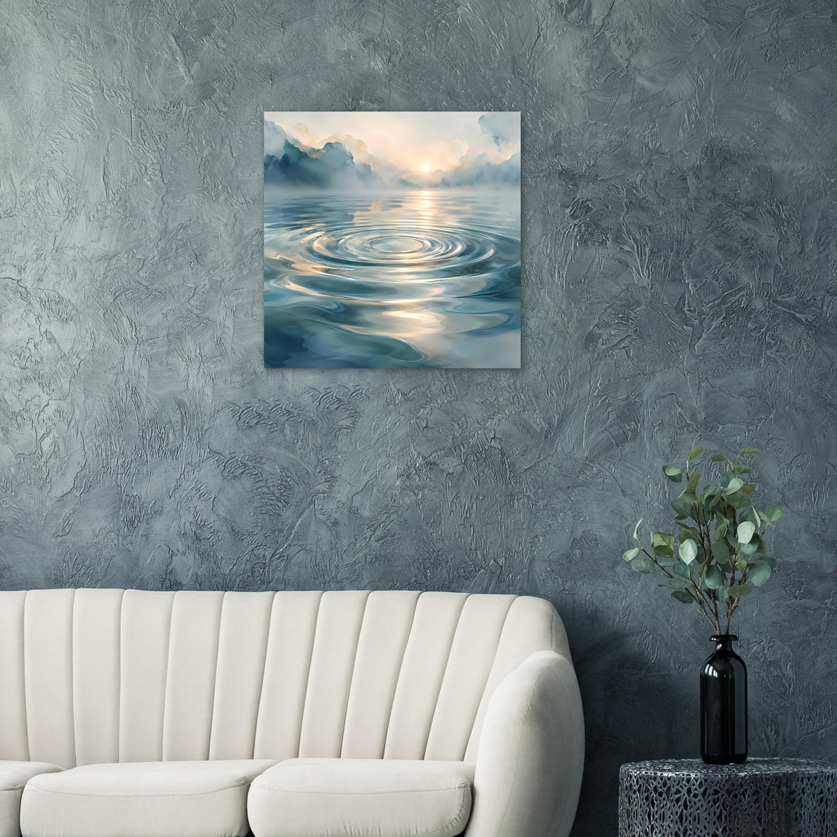 Quadratisches Poster mit Wasseroberfläche und konzentrischen Wellen, blau-goldene Farben