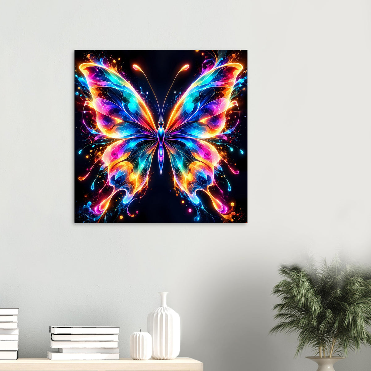 Neon-Schmetterling-Poster im Quadratformat, leuchtende Flügel mit bunten Lichtverläufen