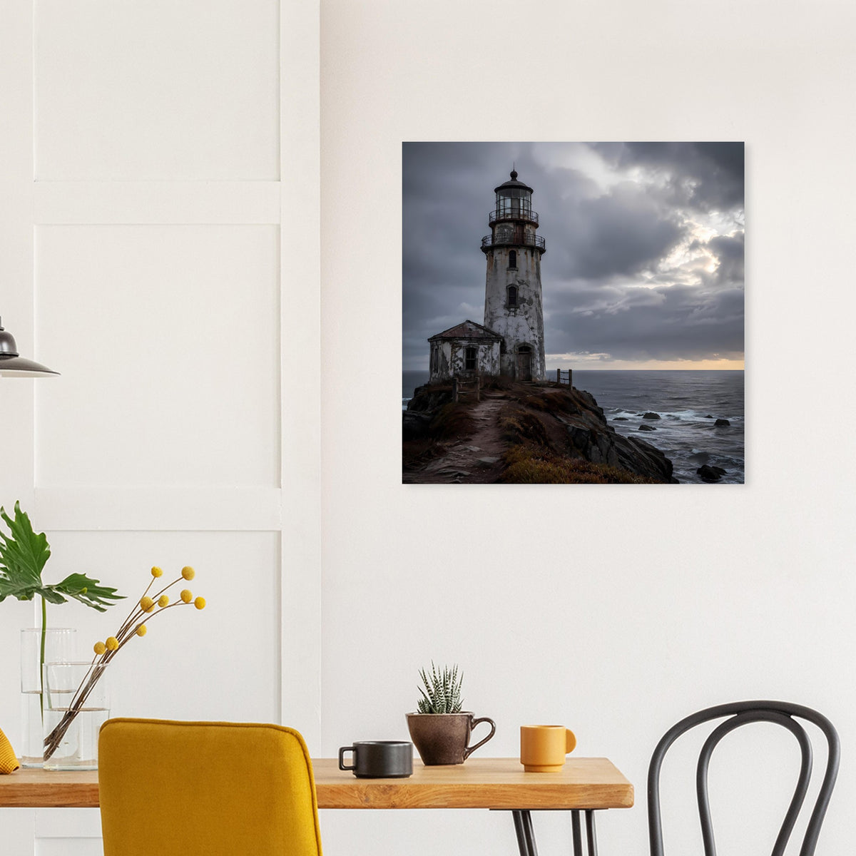 Leuchtturm-Poster mit Leuchtturm an der Küste unter dunklen Wolken und Abendlicht