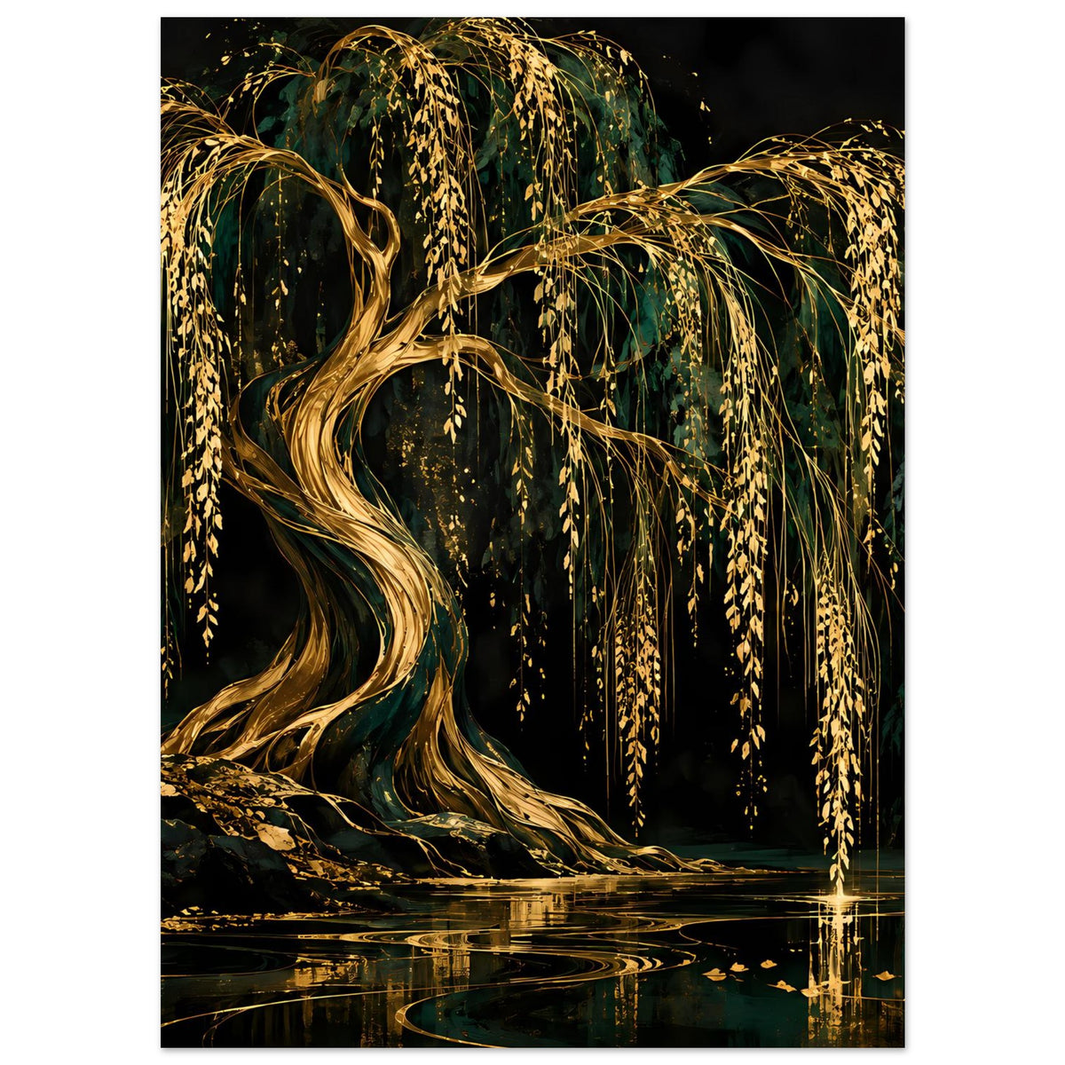 Poster mit Weidenbaum, goldgelben herabhängenden Zweigen und dunklem Wasserspiegel