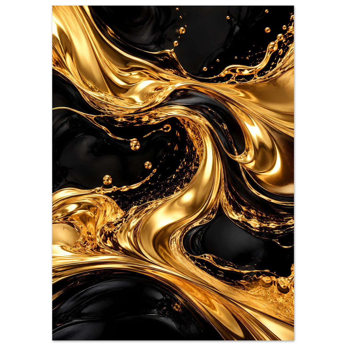 Abstraktes Poster: goldene Schattierung und Wirbel auf dunklem Schwarz mit kleinen Glanzpunkten