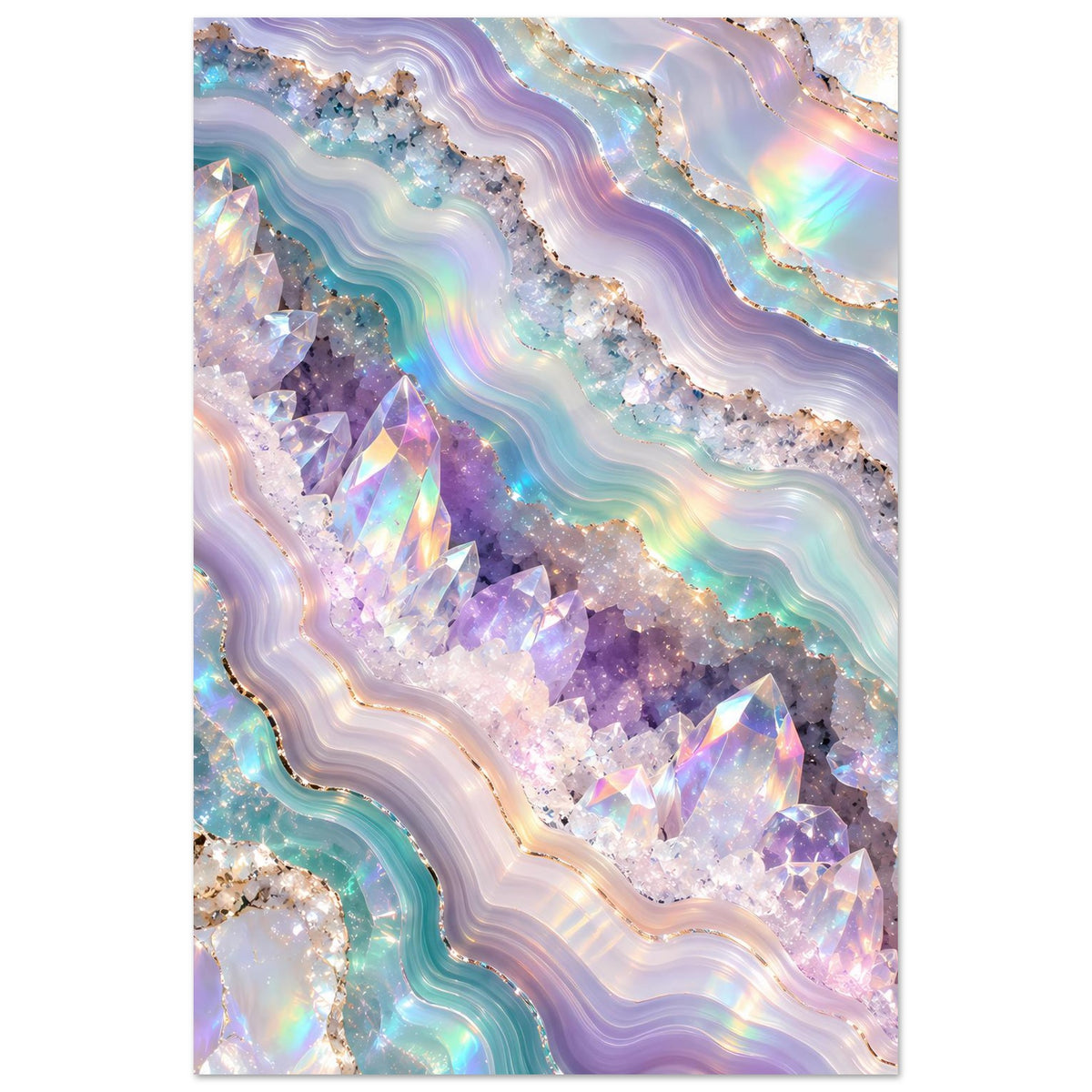 Holografisches Kristall-Geode-Poster, vertikales Motiv mit irisierenden Wellen und Kristallen