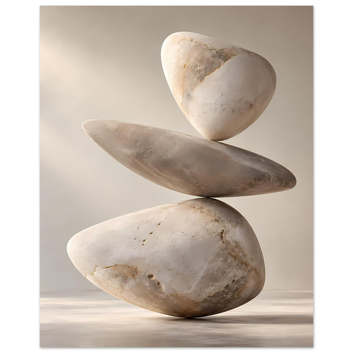 Zen-Balance-Steinturm-Kunstprint: dreiteiliger Steinaufbau mit sichtbarer Struktur und Schatten