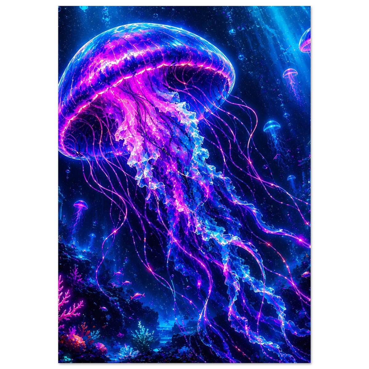 Poster mit leuchtender Qualle, violett-blaues Leuchten der Glocke und Tentakel