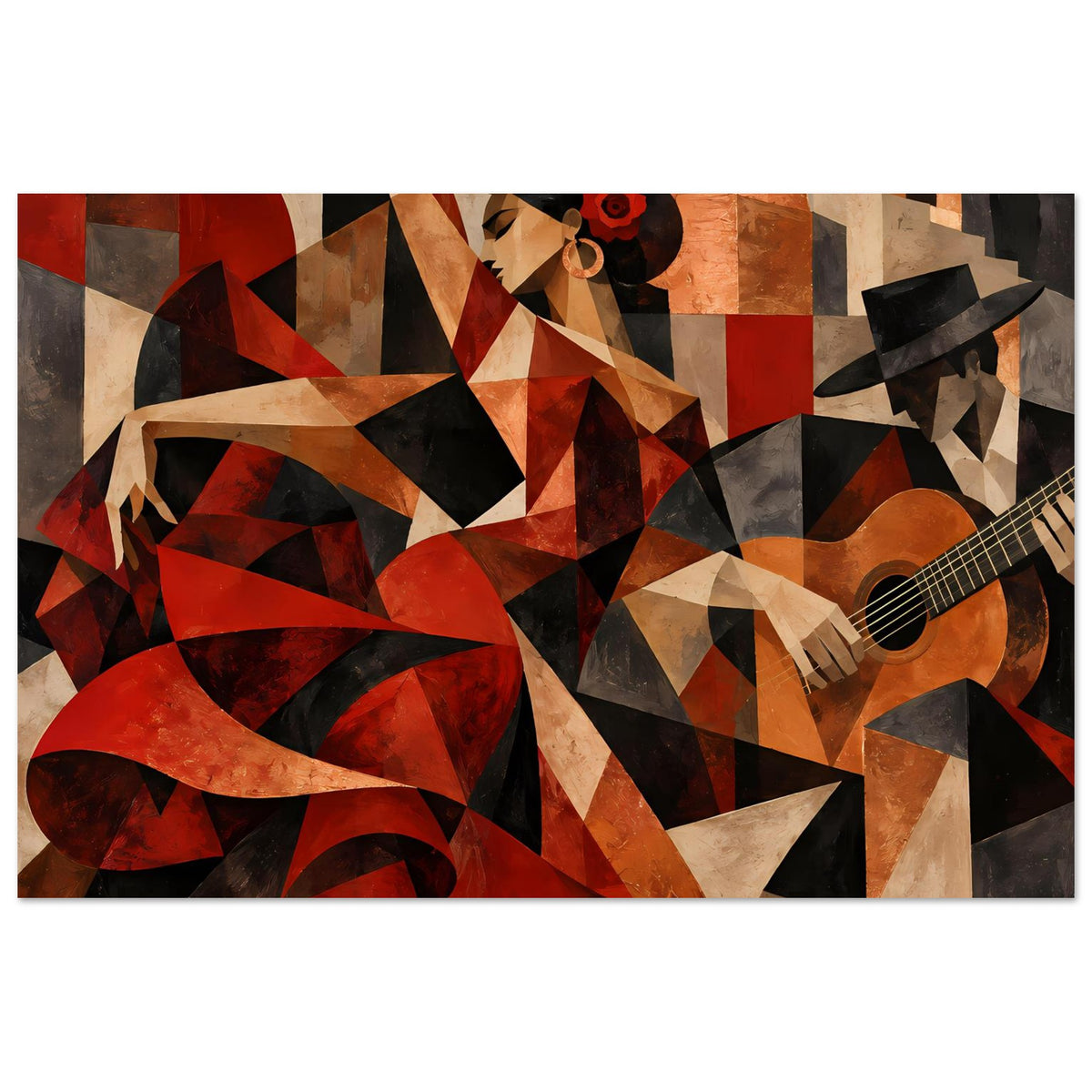 Kunstposter mit abstraktem Flamenco: Tänzerin mit Fächer, Gitarre und Rauten in Rot, Braun und Schwarz