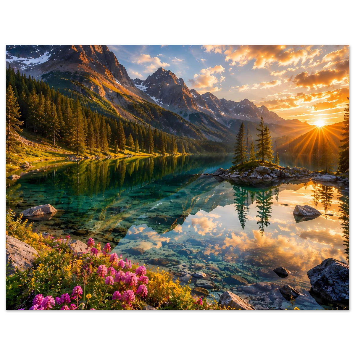 Horizontales Landschaftsposter mit Alpenlandschaft, Sonnenstrahlen, türkisfarbenem Wasser und Tanneninsel