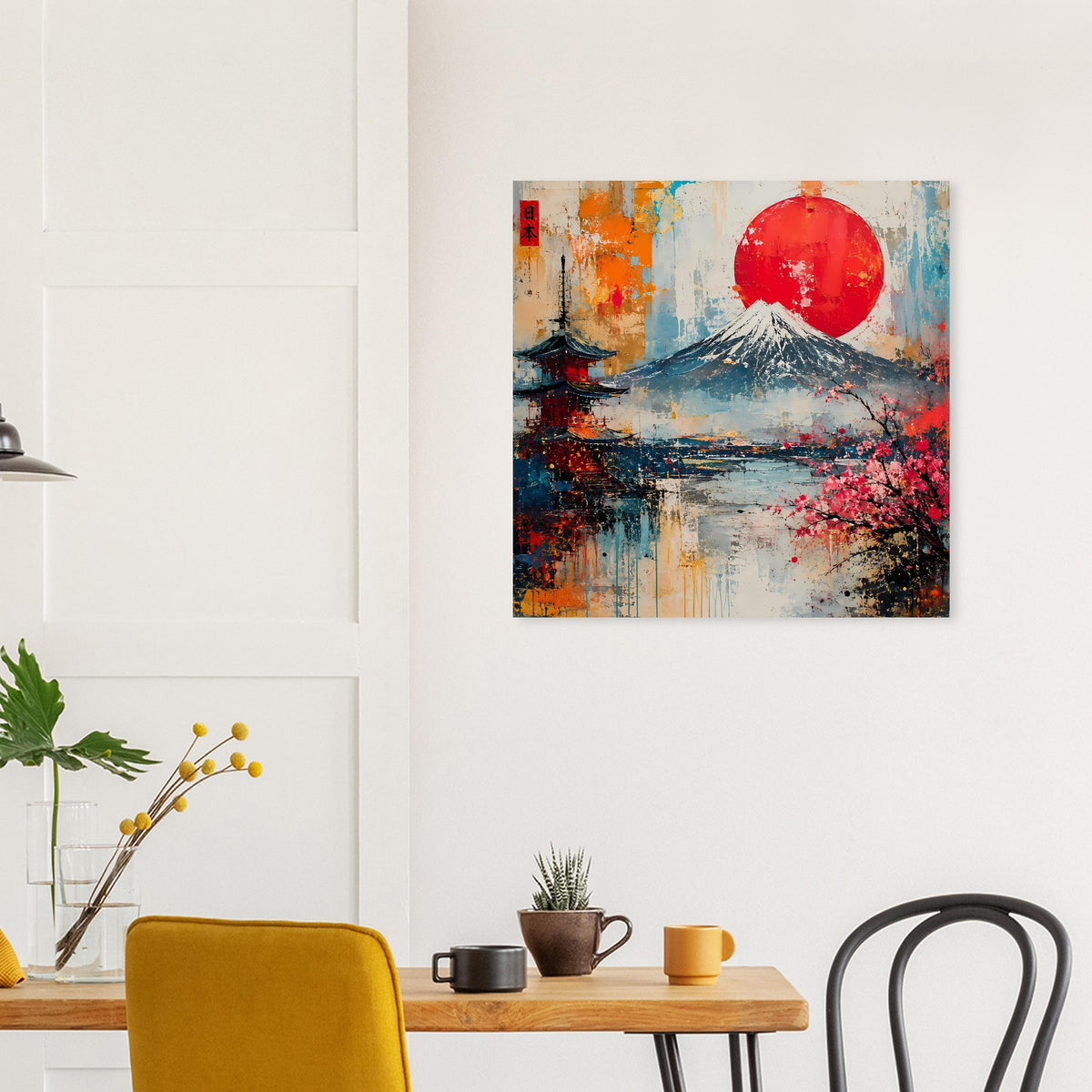 Quadratisches Wandposter: Fuji-Landschaft mit roter Sonne und Kirschblüten, kräftig abstrakt.