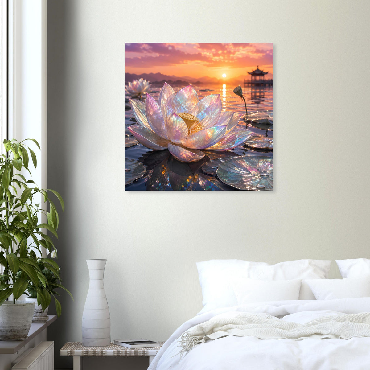 Poster: irisierende Lotusblüte bei Sonnenuntergang, goldene Sonne, Tempelturm im Wasser