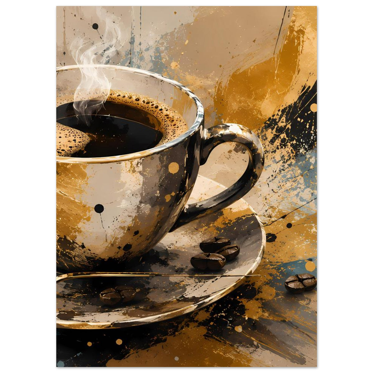 Kaffeetassen-Poster: dampfende Tasse mit Stielgriff, Untertasse und verstreute Kaffeebohnen