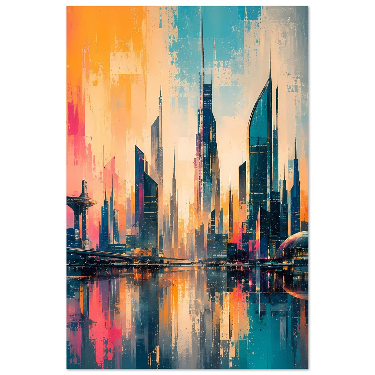 Vertikales Stadtposter: Skyline aus hohen Türmen mit farbigen Akzenten und Wasserreflexion