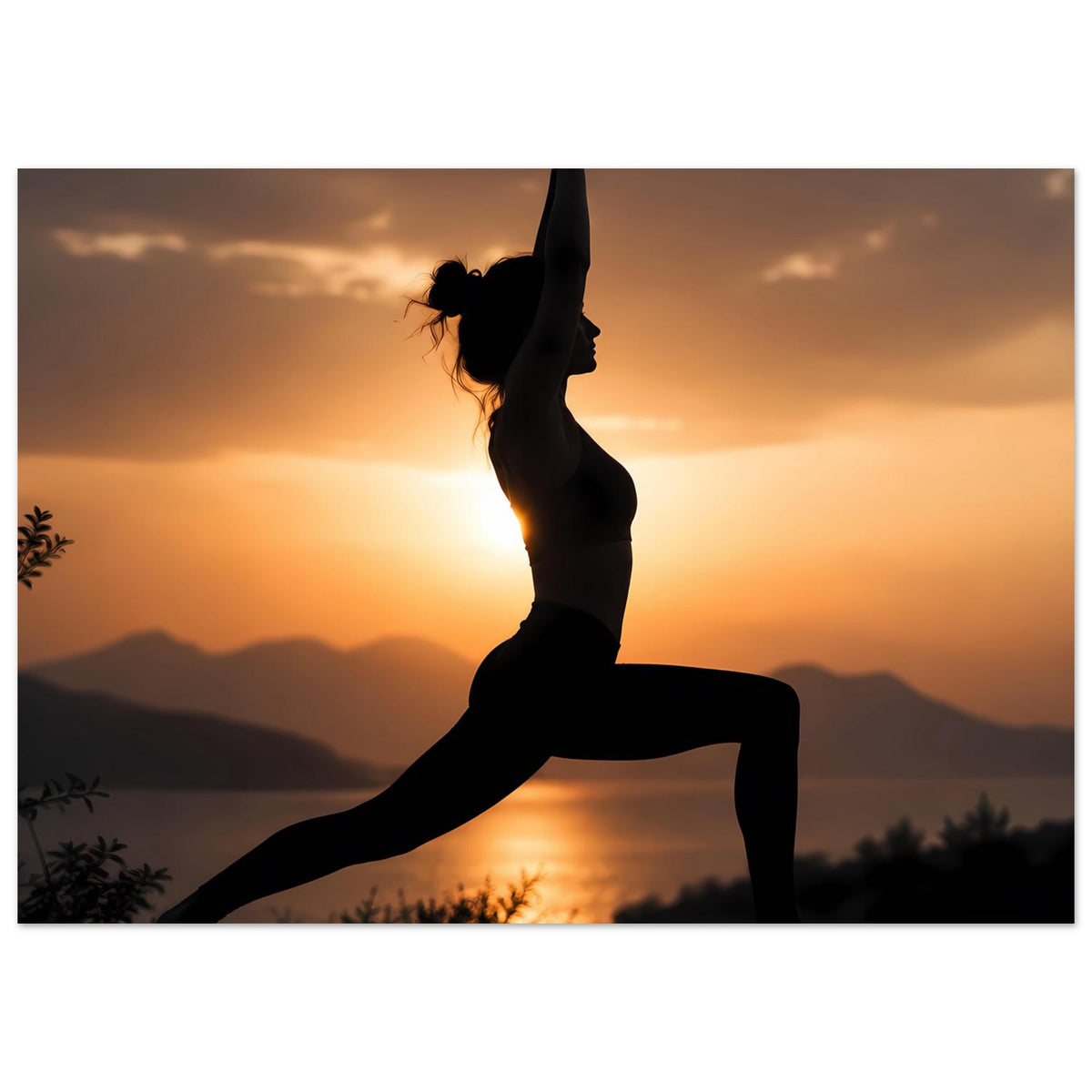 Yoga-Poster: Silhouette einer Frau im Gleichgewicht, ein Bein angewinkelt, Oberkörper aufrecht