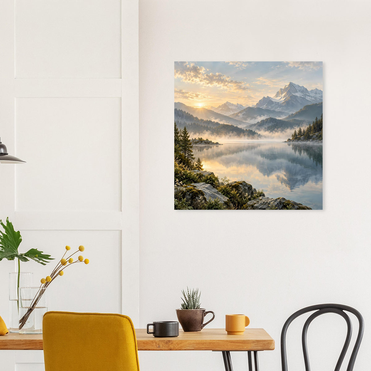 Landschaftsposter mit ruhigem Bergsee, goldener Morgensonne, Nebel und Bergsilhouetten