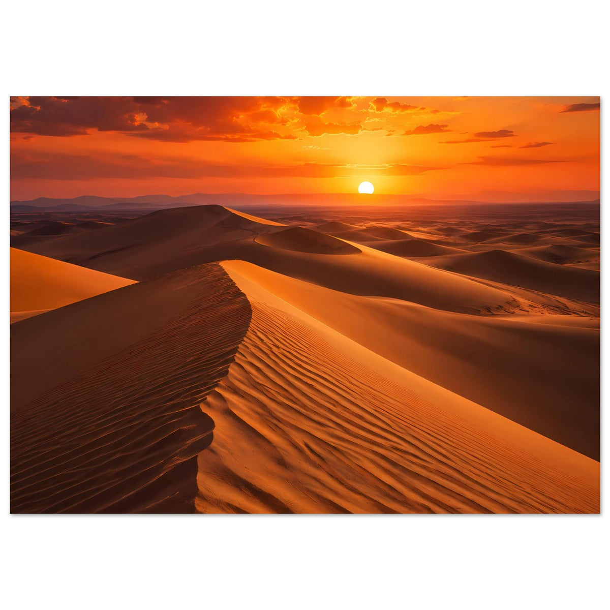 Poster mit Wüstendünen im Sonnenuntergang, orangefarbenes Licht und warme Braun-Töne