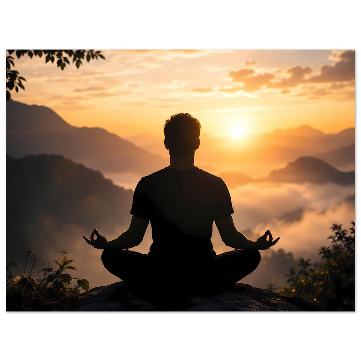 Poster mit Silhouette einer Person in Meditation, Sonnenuntergang über Landschaft