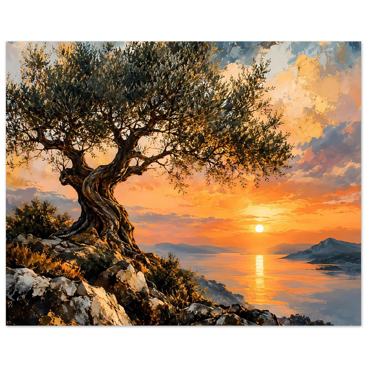 Horizontales Poster: Olivenbaum links, felsiger Abhang und Sonne über Wasserlinie