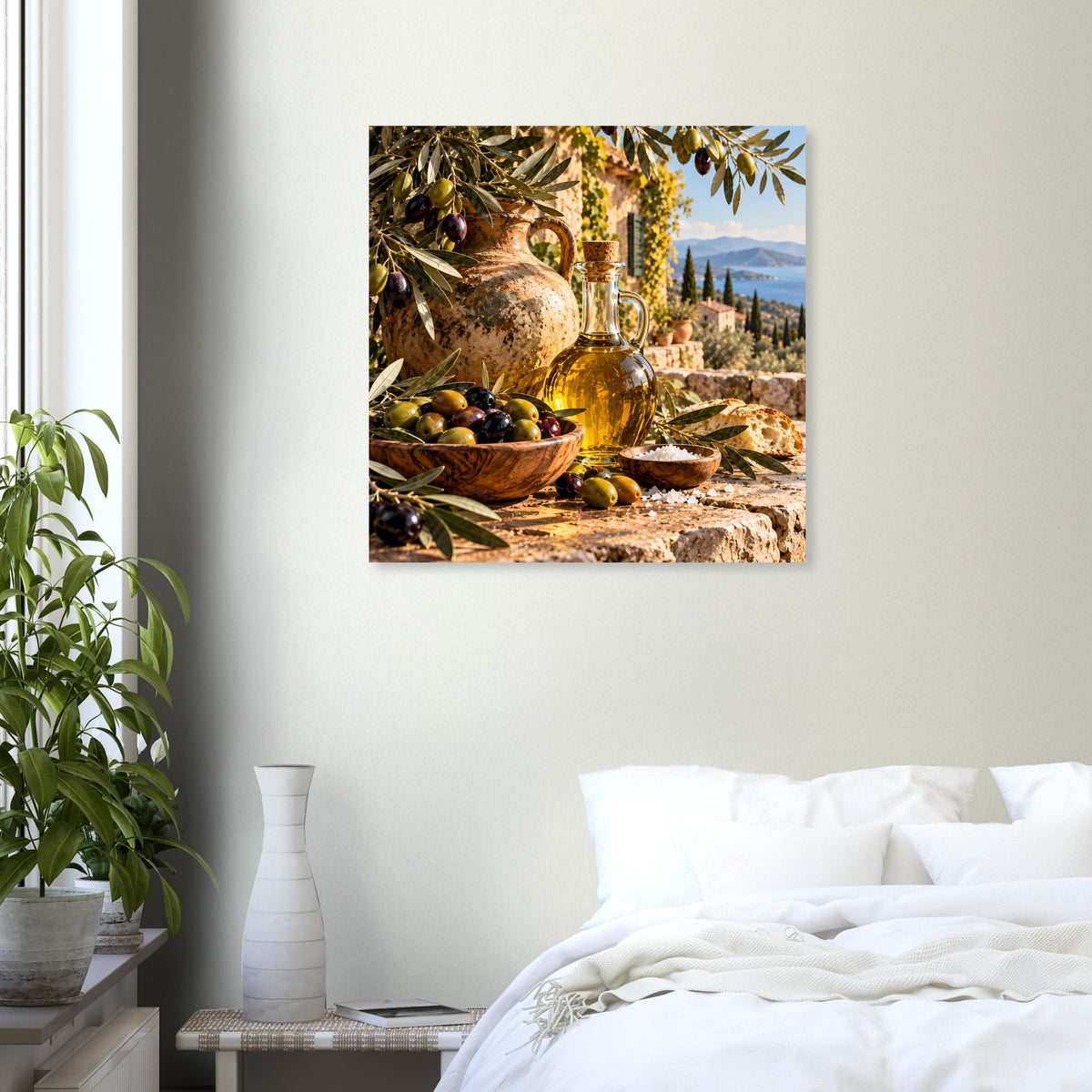 Wandposter mit Olivenernte-Landschaft: goldene Krüge, Oliven und Zypressen, mattes Papier