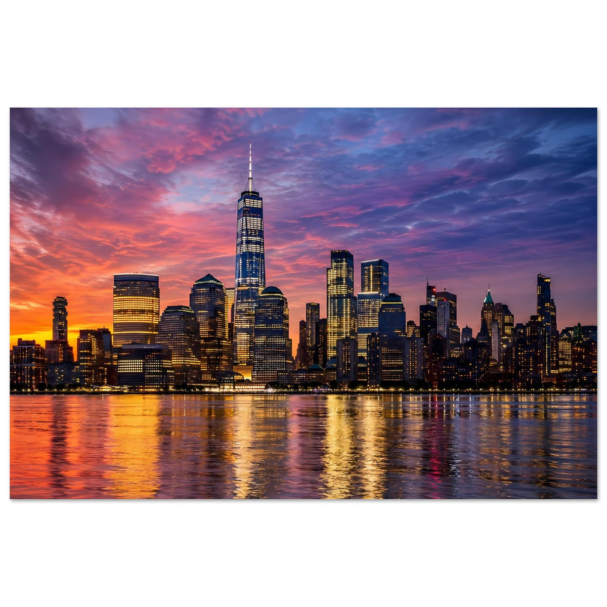 Stadtposter im Querformat mit Skyline und Spiegelungen im Wasser bei Dämmerung