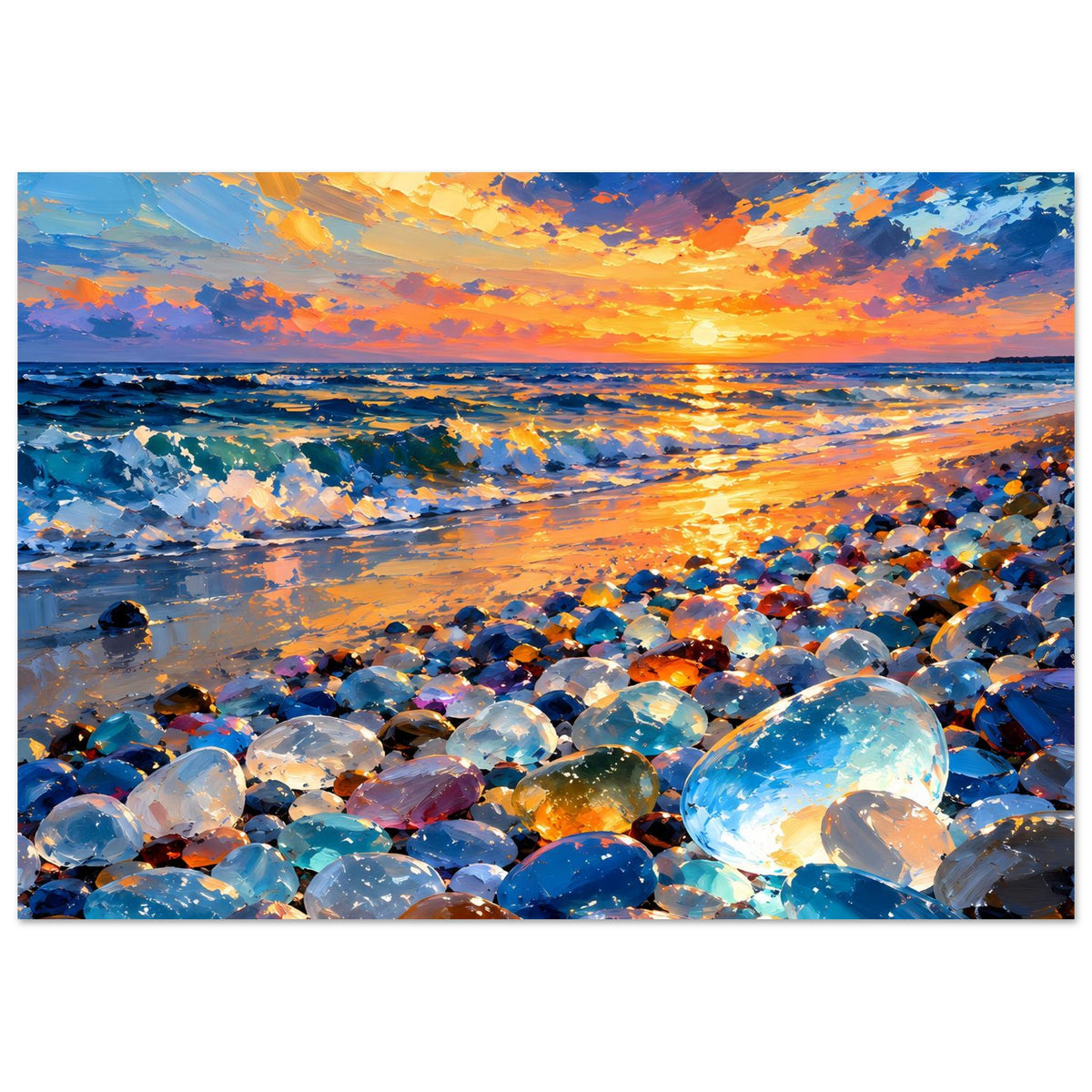 Meer-Poster (quer) mit Abendhimmel, Sonnenreflexen im Wasser und farbigen Kieseln