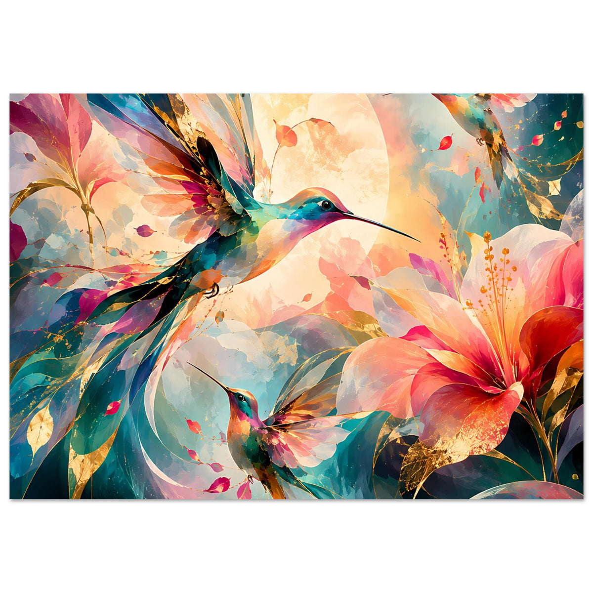 Kunstposter mit leuchtenden Kolibris, großen bunten Blumen und abstrakten Farbflächen