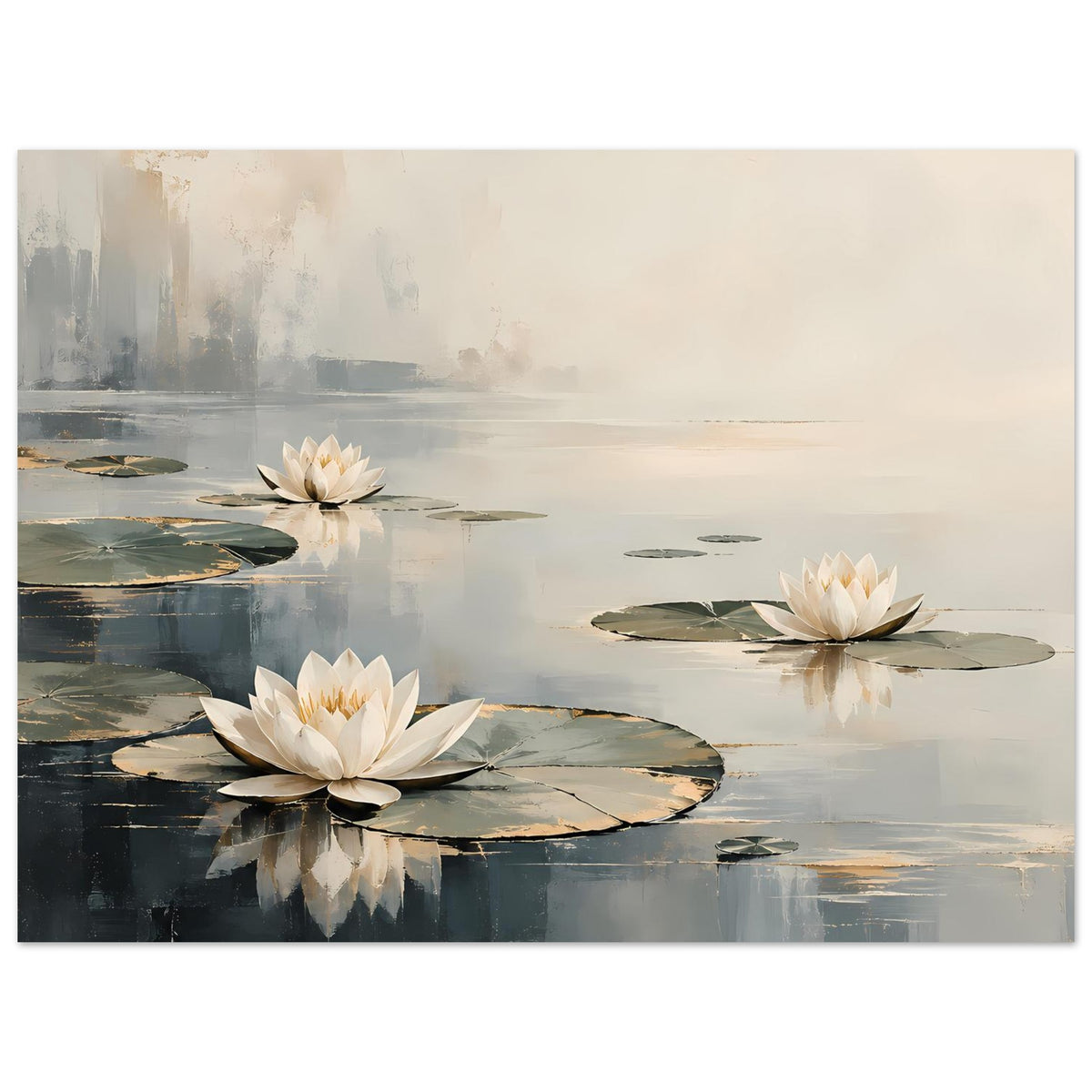 Poster mit weißen Wasserlilien auf Seerosenblättern und sanften Reflexionen, horizontal