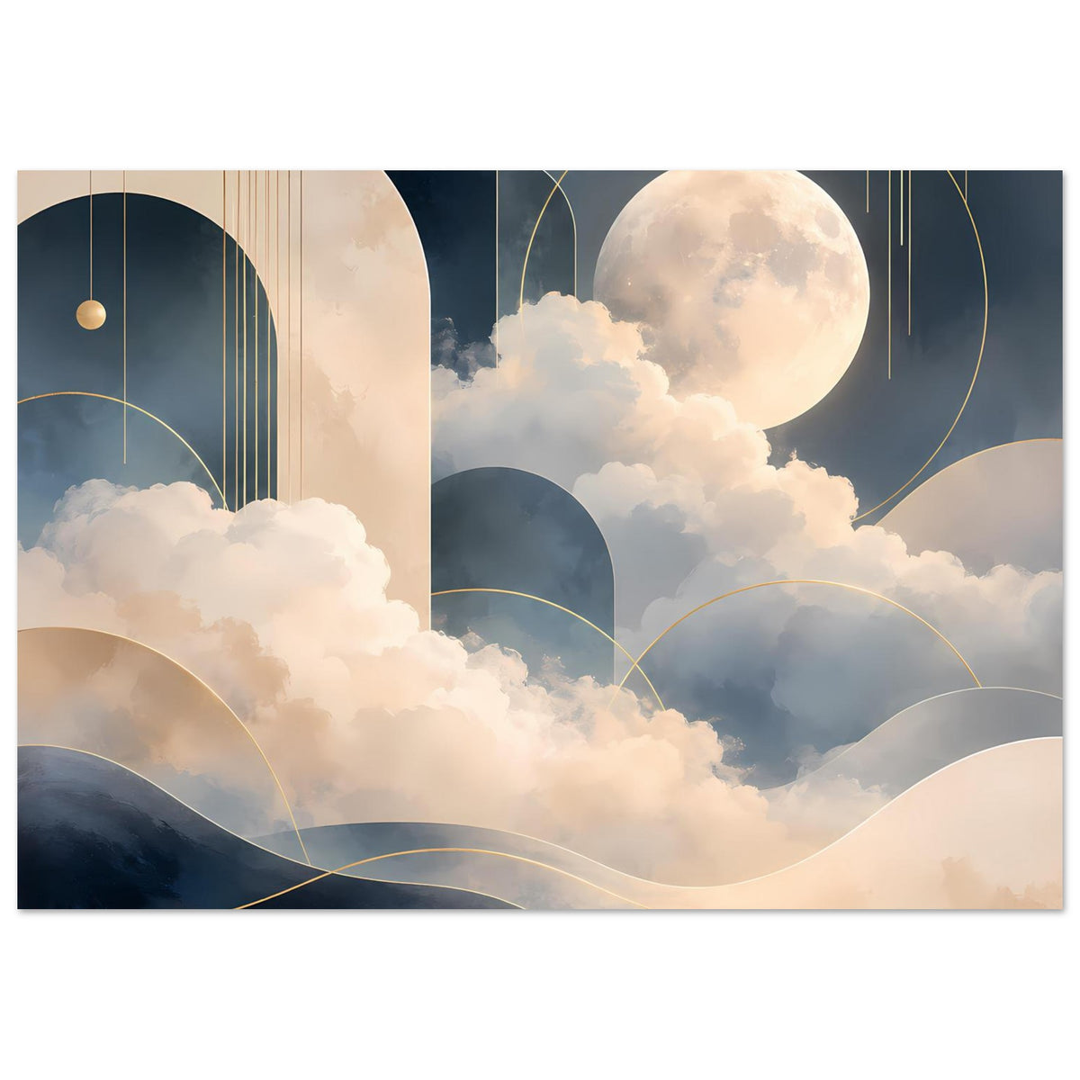 Mondlandschaft-Poster mit großem Mond, Wolkenfeldern und goldenen Kreisen und Bögen