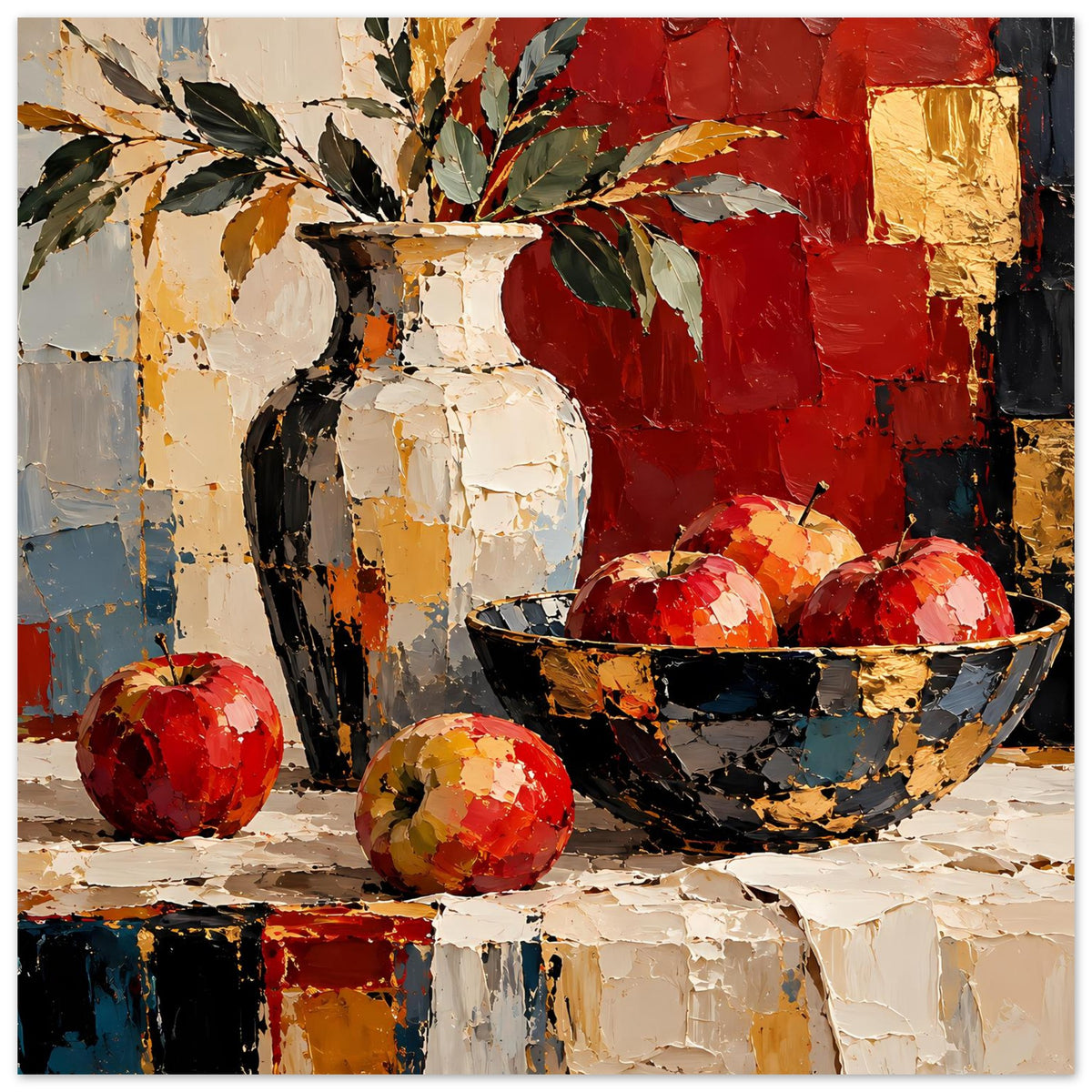 Kunstposter Nahansicht Stillleben: Vase mit Blättern, rote Früchte, goldene Akzente