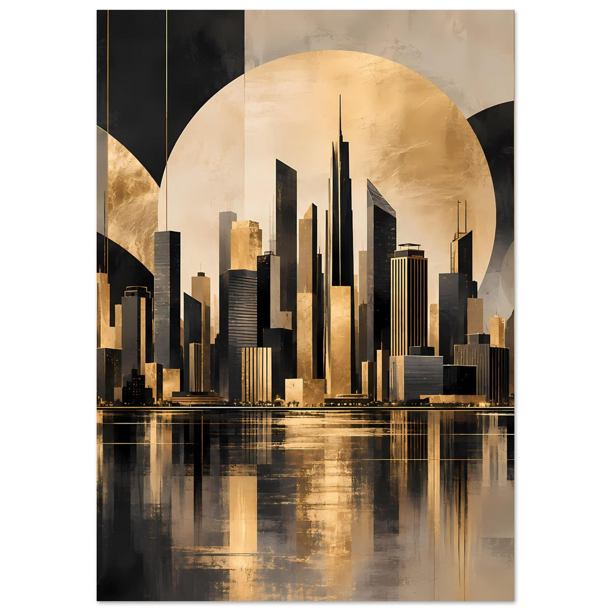 Stadtposter mit goldenen Türmen, schwarzen Gebäuden und reflektierender Uferlinie