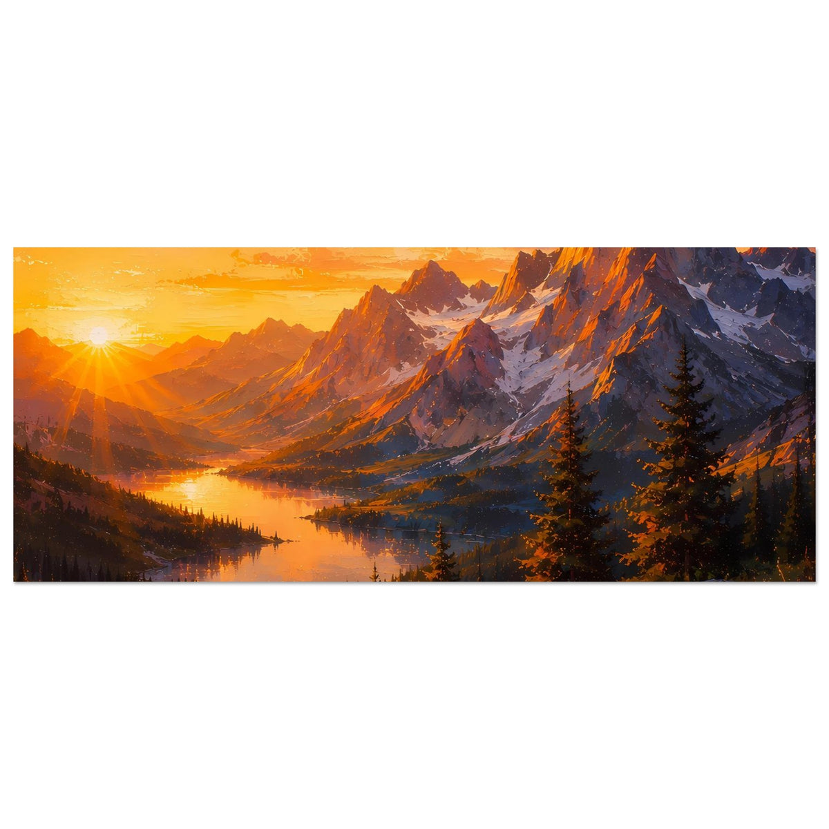 Horizontales Poster mit warmem Sonnenaufgang über Bergen, See und dunklem Tannenwald