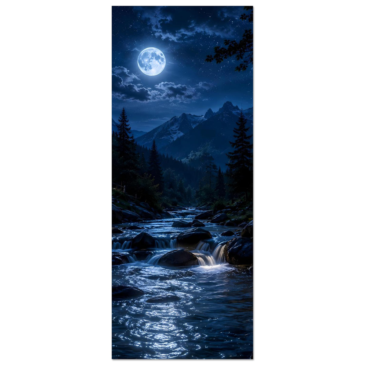 Hochformat-Poster: Vollmond über Bergbach, Tannen und entfernte Berge im Blau