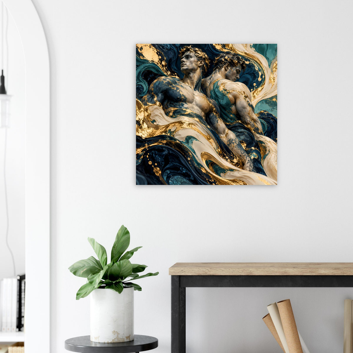 Kunstposter mit barockem Engel-Motiv in Blau-Gold, quadratisch