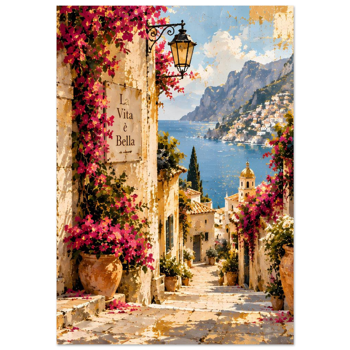 Kunstdruckposter mit mediterraner Treppe, blühenden Säulen und Meer im Hintergrund, vertikal