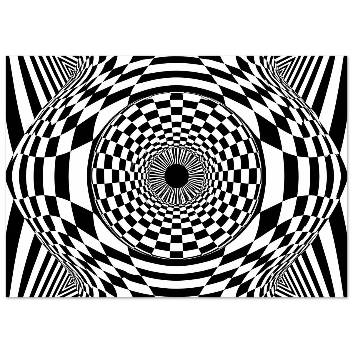 Schwarz-weißes Poster mit hypnotischem Schachbrett-Kreis und optischer Täuschung