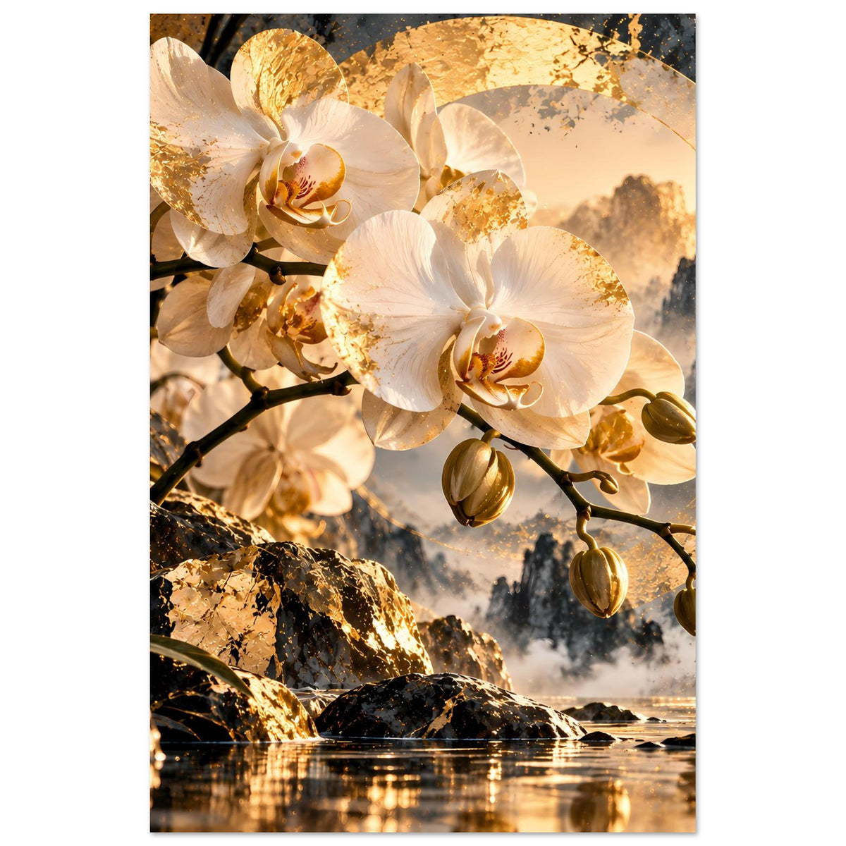 Orchideenblumen-Poster im Hochformat mit gold-weißen Blüten, schwarzen Zweigen und Wasserlinie