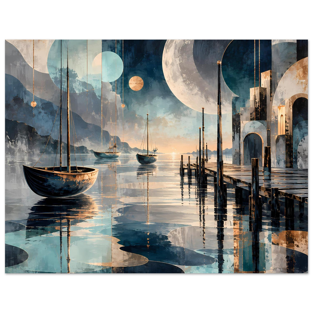 Maritimes Wandposter mit Mondsichel, Segelbooten und Steg, reflektierendes Hafenwasser