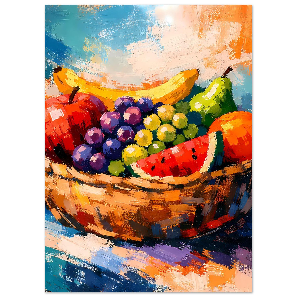 Poster mit Früchtekorb-Motiv: rot-violette Trauben, grüne Früchte und Wassermelone