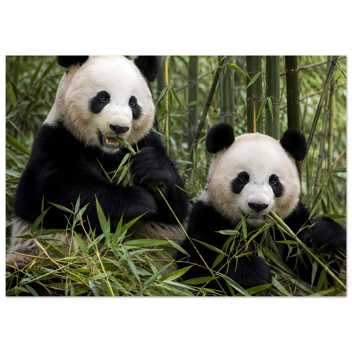Duo-Poster im Panorama, zwei Pandas im Bambus, Gräser und Blätter vorn