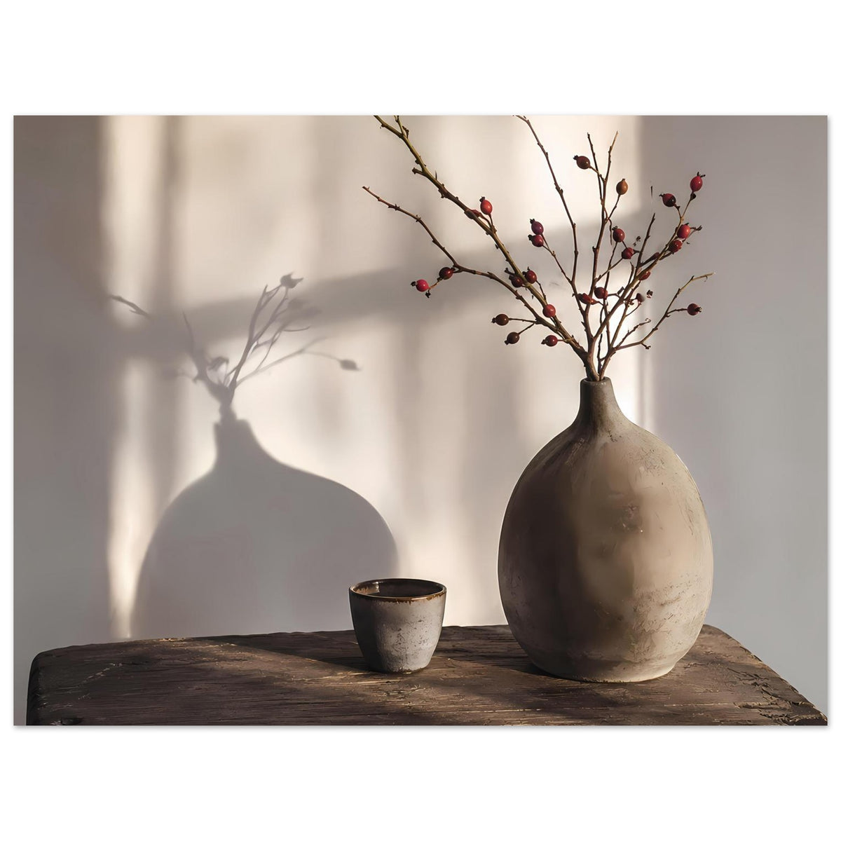 Poster mit Stillleben: Vase mit verzweigten Ästen und Beeren, Becher auf dunkler Holzfläche