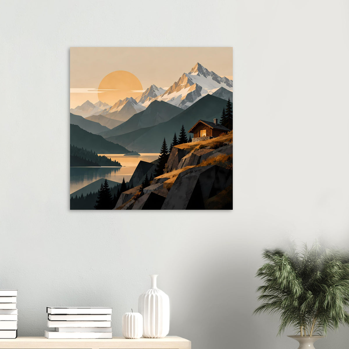 Kleines Landschaftsposter im Wohnzimmer-Stil: Alpensee, Hütte am Hang, Abendsonne