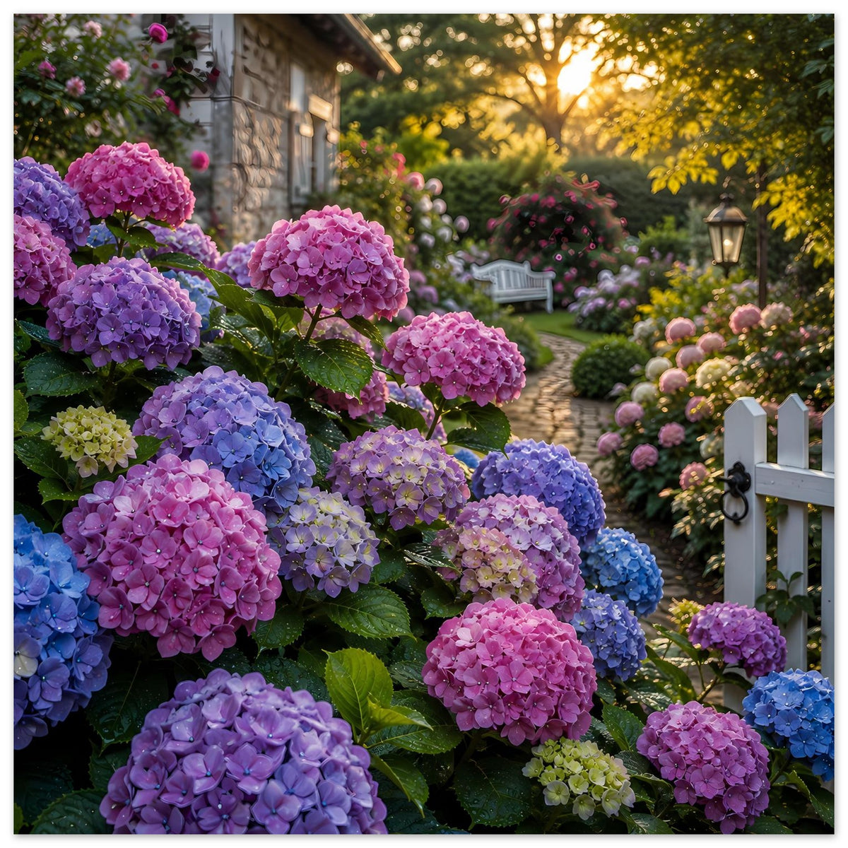 Hortensien-Gartenposter mit pinken, blauen und violetten Blumen, Zaun und Laterne