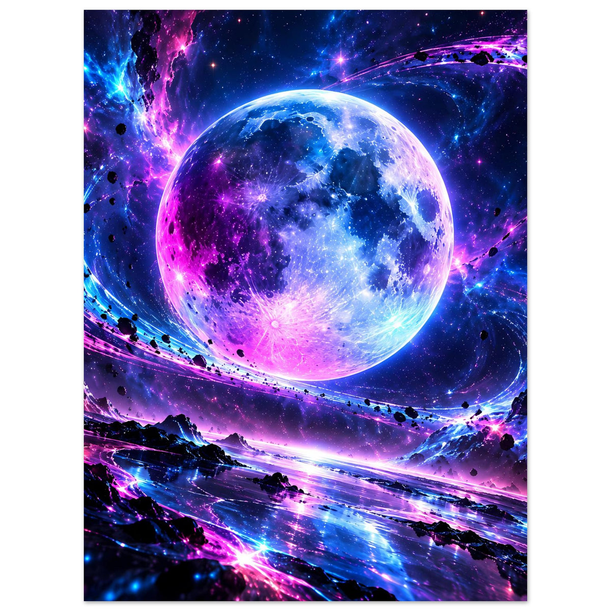 Vertikales Galaxie-Poster: blau-violetter Planet im Zentrum und funkelnde Sternenfelder