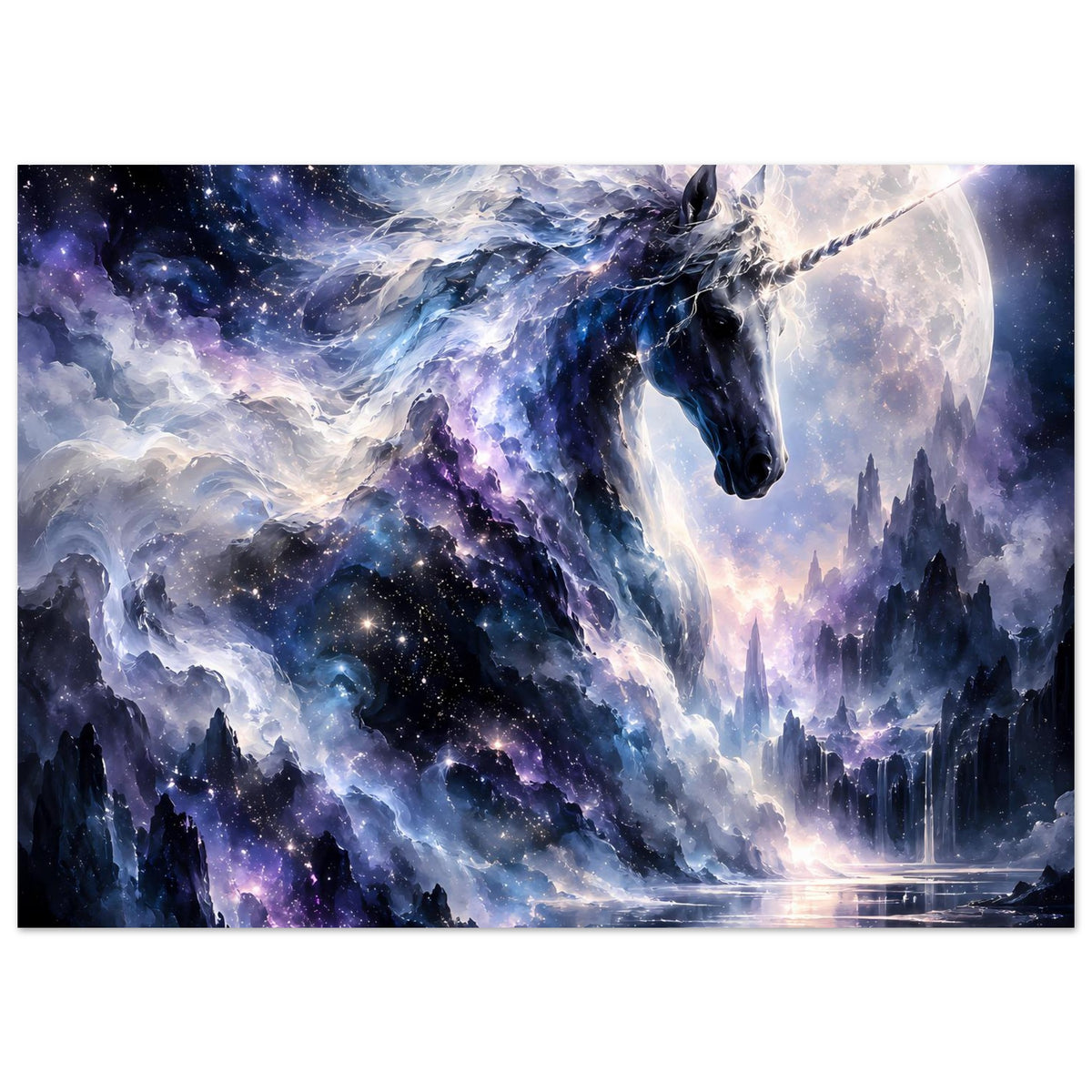 Poster mit galaktischem Einhorn, Mond und Sternennebel, Panoramaformat