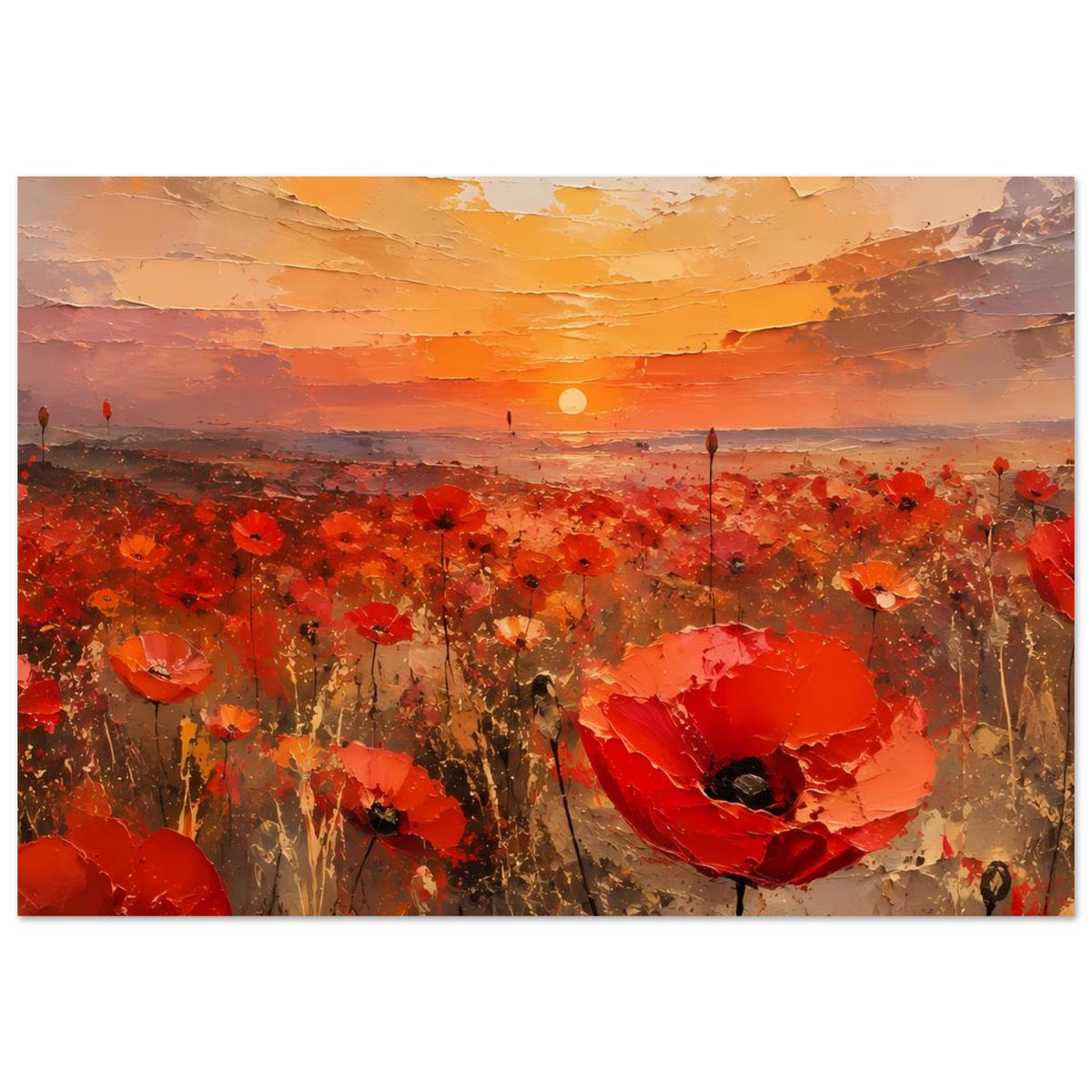 Querformat-Poster: rotes Mohnfeld mit orangefarbener Sonne über dem Horizont