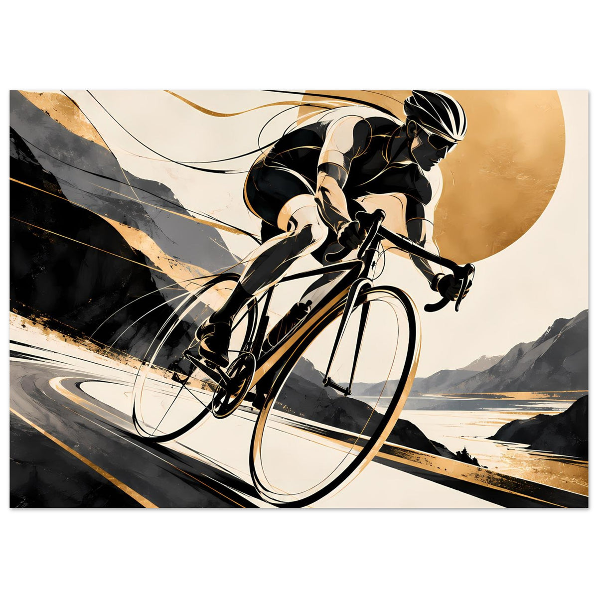 Sportposter: Radfahrer in Schwarz-Gold auf dem Fahrrad, seitlicher dynamischer Look