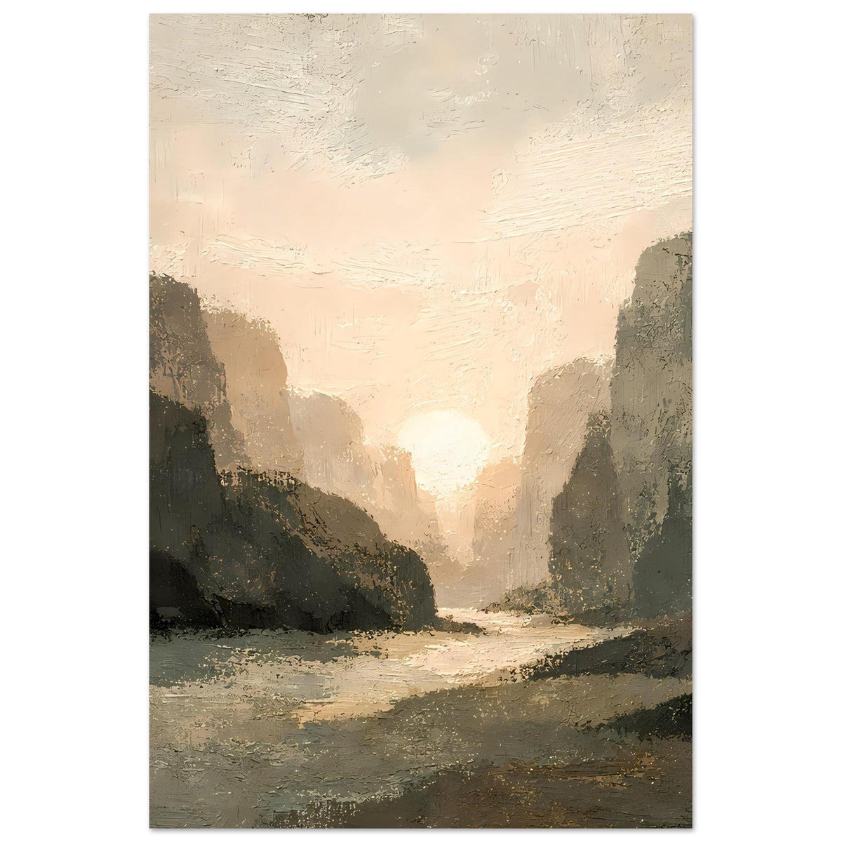 Poster mit abstrakter Schluchtlandschaft und heller Abendsonne, dunkle Felswände, hochformat