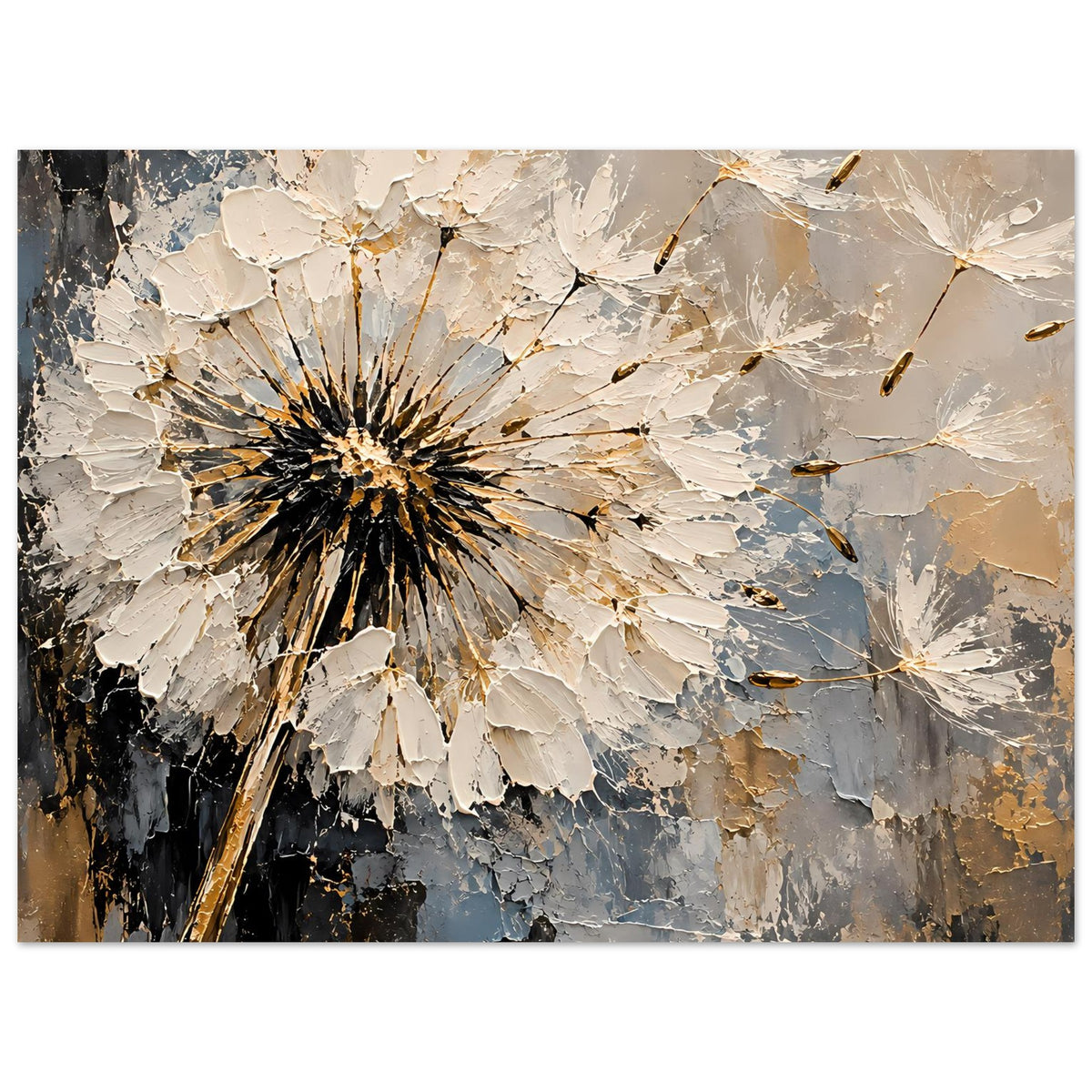 Hochkant-Kunstdruckposter mit Pusteblume in Relief-Optik, creme, blau, schwarz und goldenen Linien