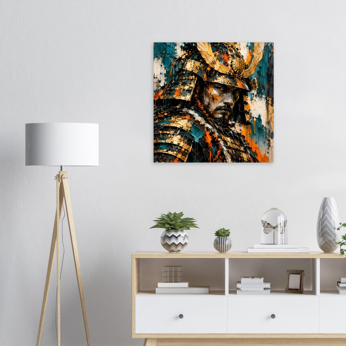Poster mit Samurai-Krieger im Helm, goldene und türkisfarbene Spritzer, abstrakter Stil